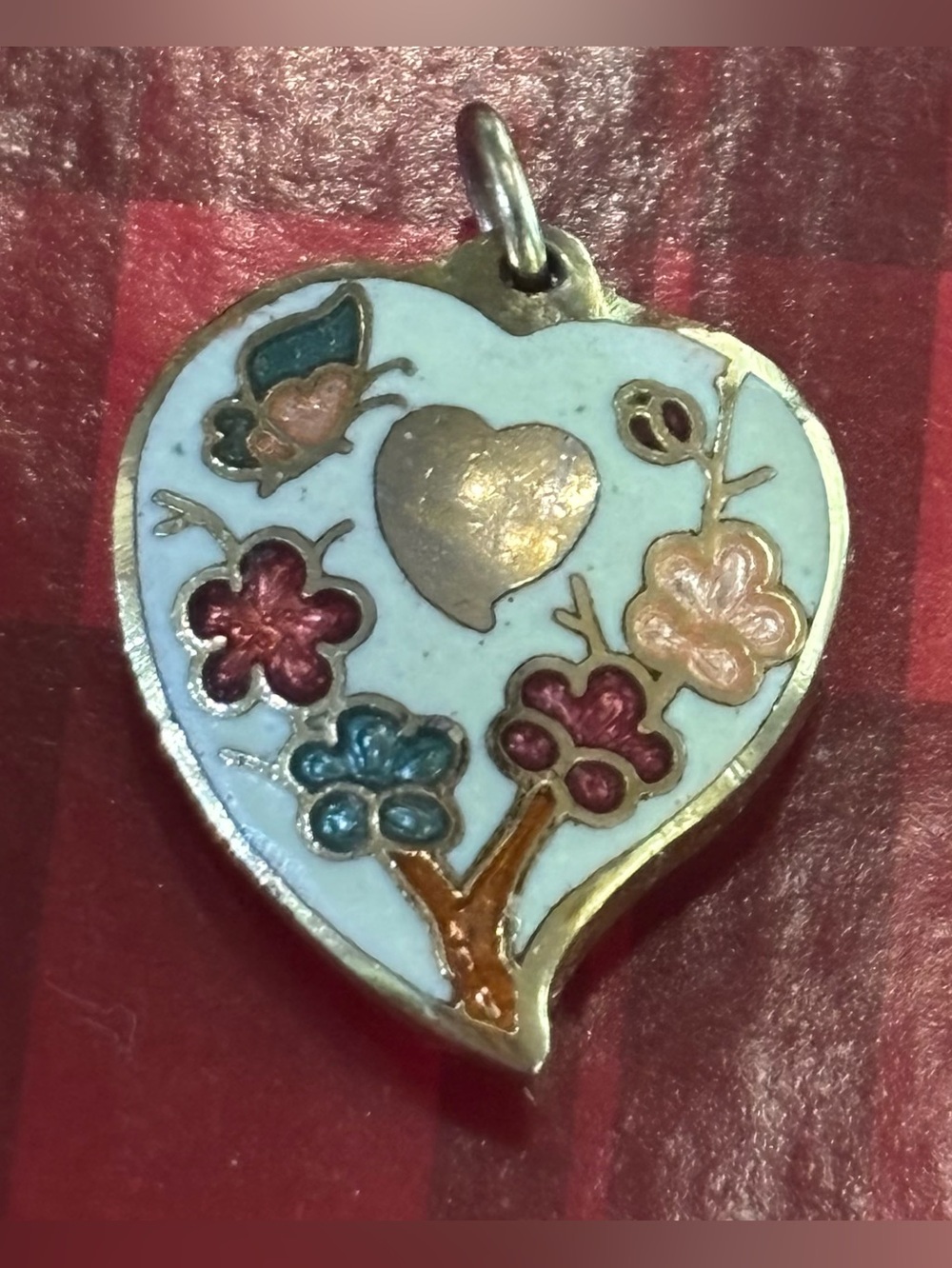 Vintage Cloisonne Enamel Heart Shaped Heart Design Pendant Gold Toned